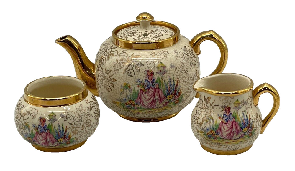 Sudlows Burslem Floral Tea Set Gold Trim Teapot Sugar Bowl Creamer England Made